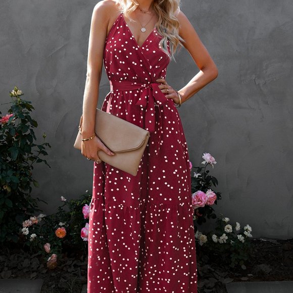BOHO Red polka Dot Maxi dress - Picture 2 of 3
